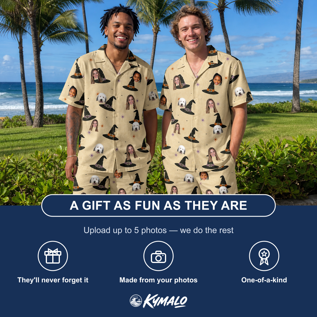 Friends in matching Men's Spellbound Spires Custom Face Shirt & Shorts Set — a group gift photo