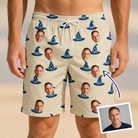 Man wearing Men's Witchy Whirl Custom Face Beach Shorts — custom faces printed all-over