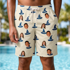 Model wearing Men's Witchy Whirl Custom Face Beach Shorts printed with kids' faces