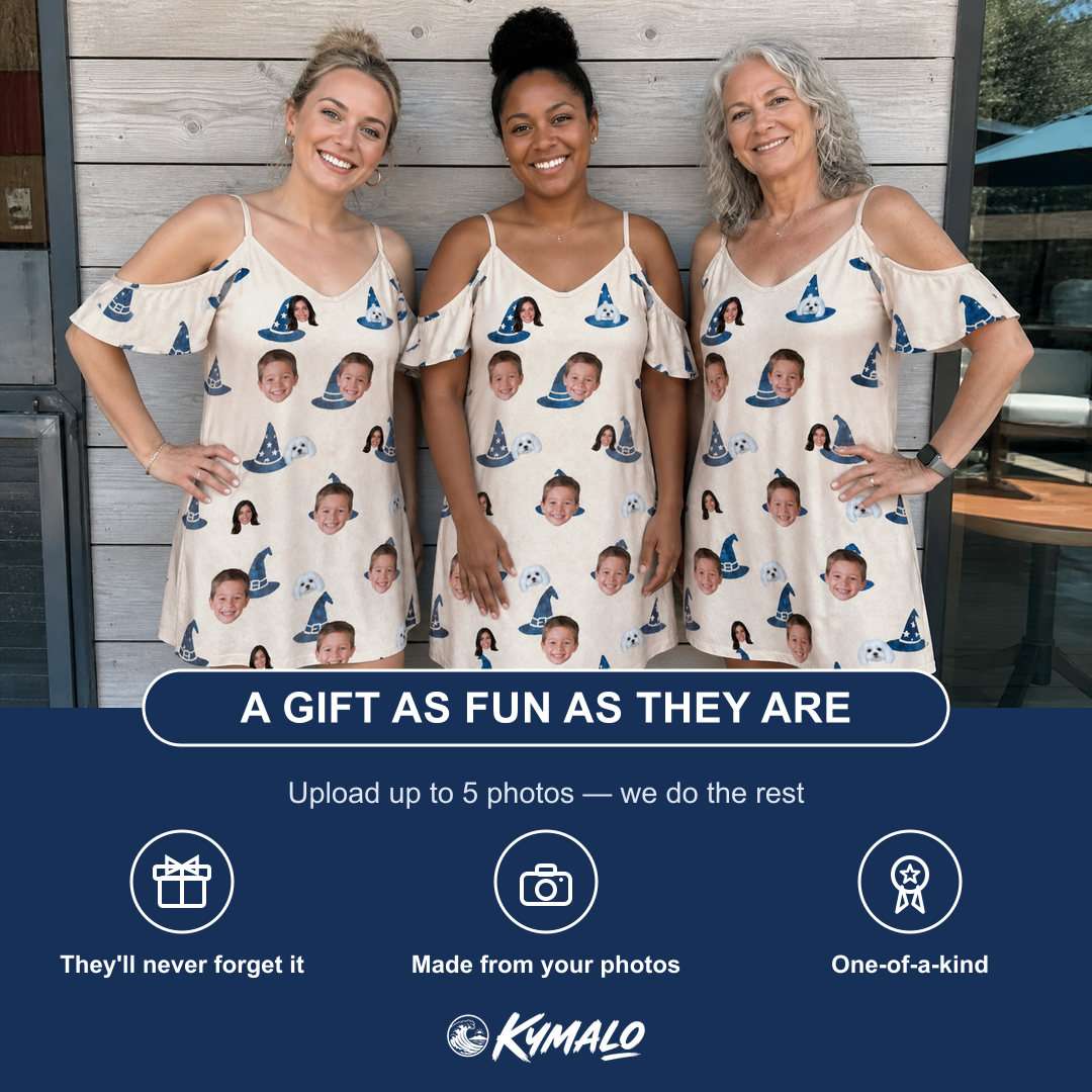 Friends in matching Women's Witchy Whirl Custom Face Off-Shoulder Dress — a group gift photo