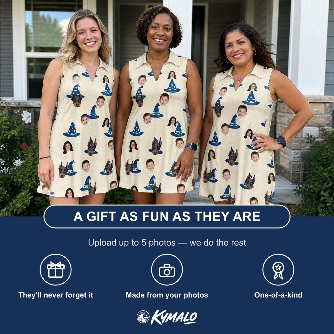 Friends in matching Women's Witchy Whirl Custom Face V-Neck Dress — a group gift photo
