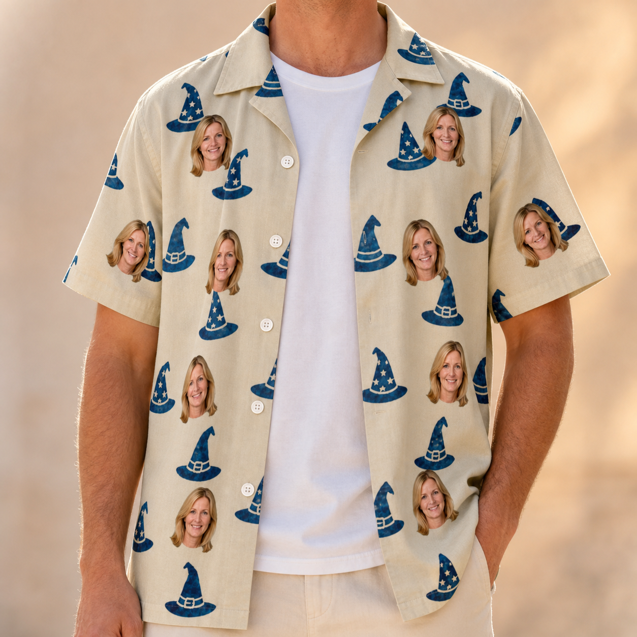 Man wearing Men's Witchy Whirl Custom Face Hawaiian Shirt open over a white tee