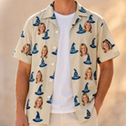 Man wearing Men's Witchy Whirl Custom Face Hawaiian Shirt open over a white tee