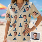 Woman wearing Women's Witchy Whirl Custom Face Hawaiian Shirt — custom faces printed all-over