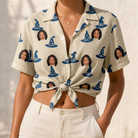 Woman wearing Women's Witchy Whirl Custom Face Hawaiian Shirt tied at the waist