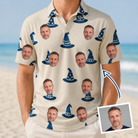 Man wearing Men's Witchy Whirl Custom Face Polo Shirt — custom faces printed all-over
