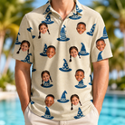 Model wearing Men's Witchy Whirl Custom Face Polo Shirt printed with kids' faces