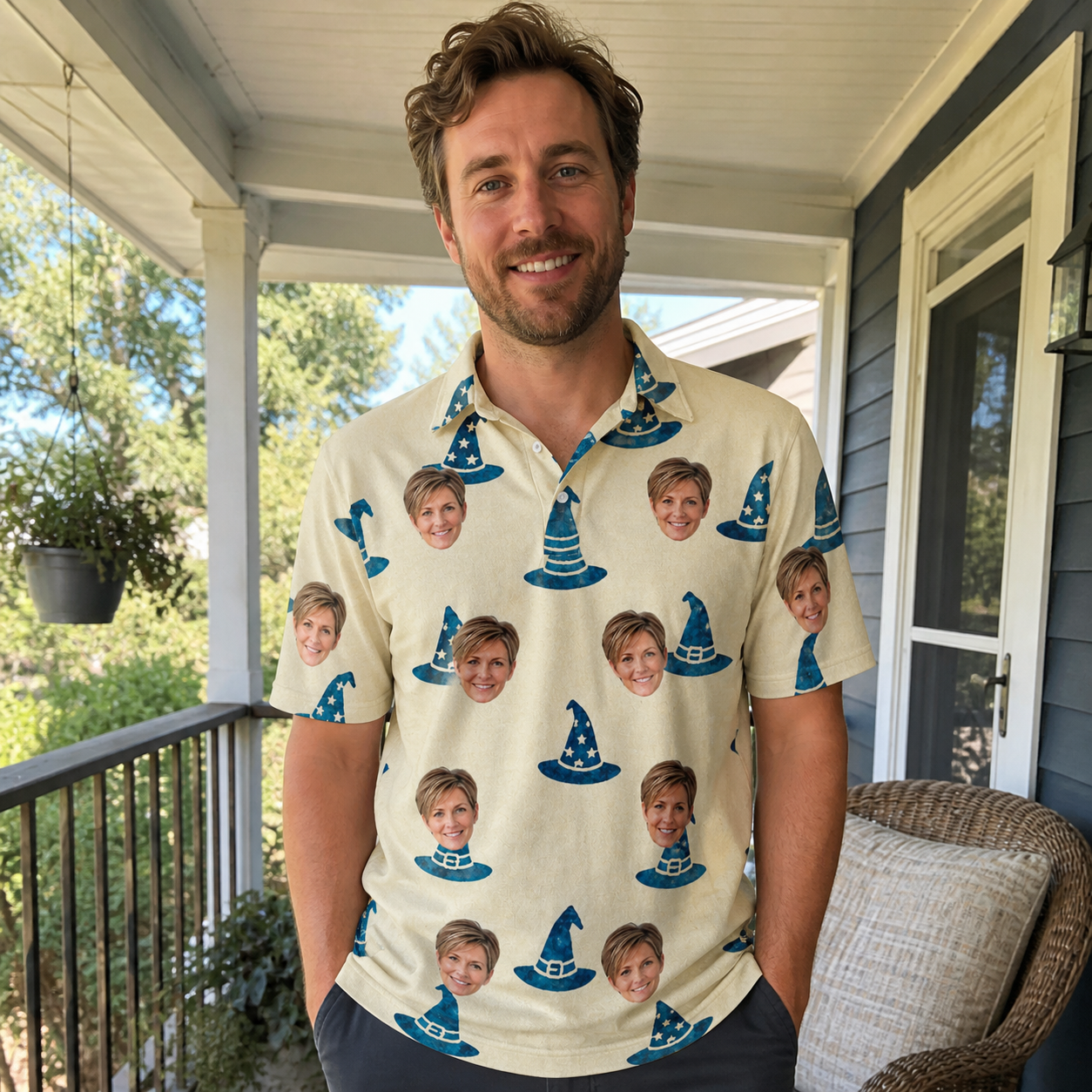 Real-life photo of someone wearing Men's Witchy Whirl Custom Face Polo Shirt — custom faces printed all-over