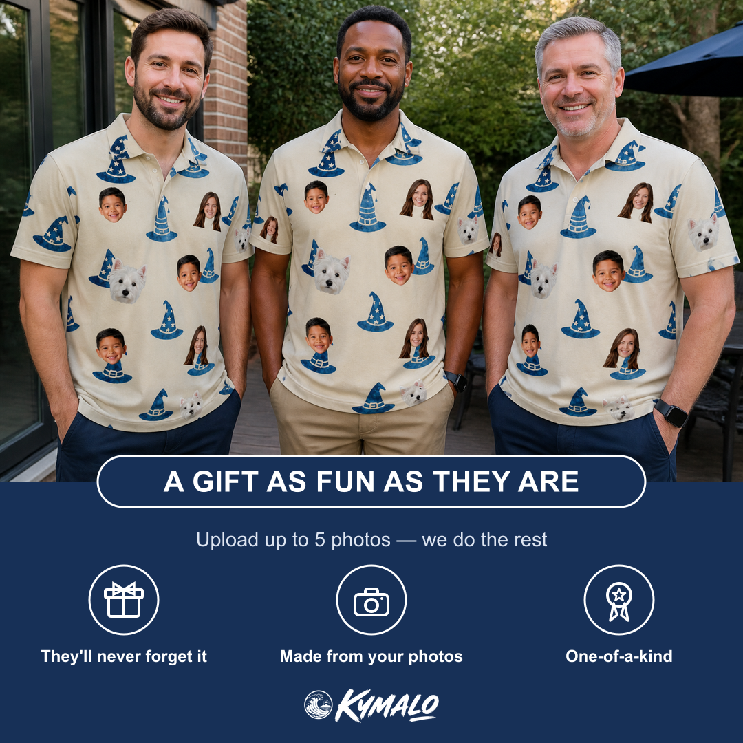 Friends in matching Men's Witchy Whirl Custom Face Polo Shirt — a group gift photo