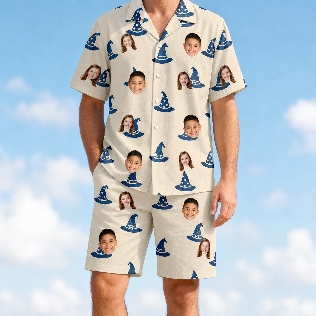 Model wearing Men's Witchy Whirl Custom Face Shirt & Shorts Set printed with kids' faces