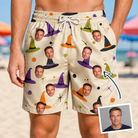 Man wearing Men's Hexed Headwear Custom Face Beach Shorts — custom faces printed all-over