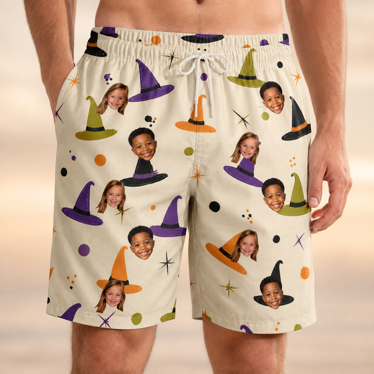 Model wearing Men's Hexed Headwear Custom Face Beach Shorts printed with kids' faces
