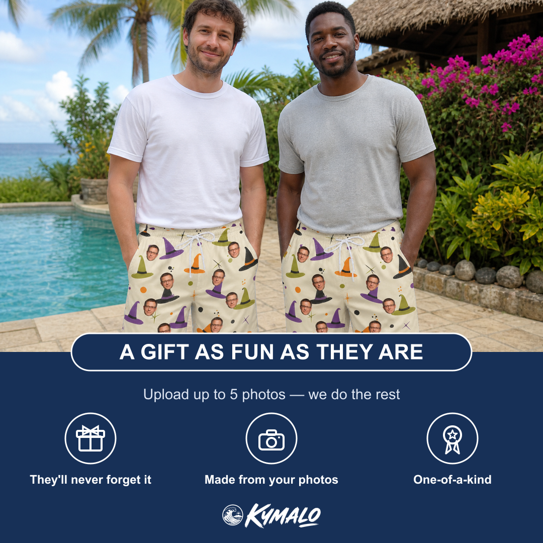 Friends in matching Men's Hexed Headwear Custom Face Beach Shorts — a group gift photo