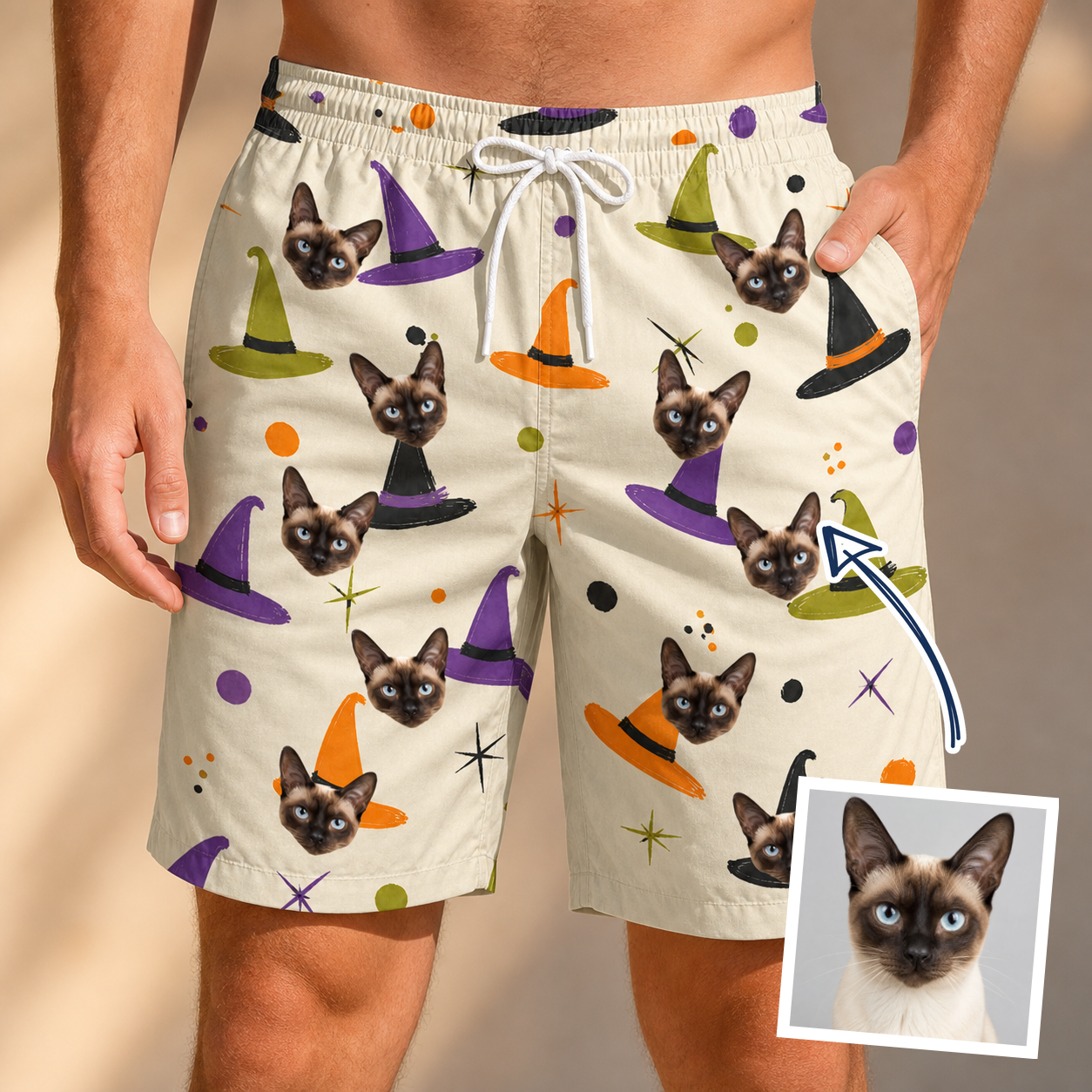 Man wearing Men's Hexed Headwear Custom Cat Face Beach Shorts — custom faces printed all-over