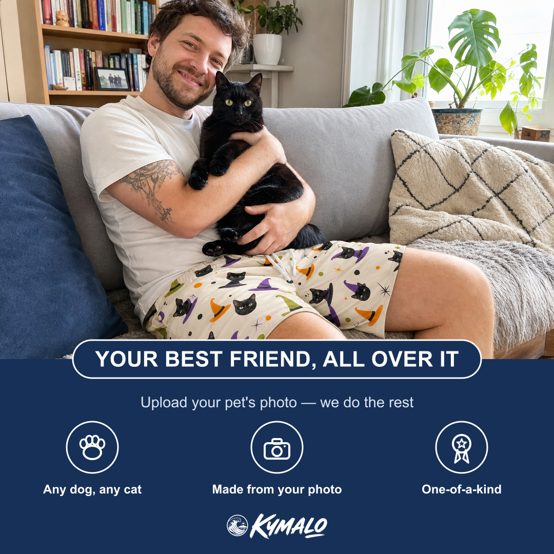 Friends in matching Men's Hexed Headwear Custom Cat Face Beach Shorts — a group gift photo