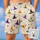 Man wearing Men's Hexed Headwear Custom Dog Face Beach Shorts — custom faces printed all-over
