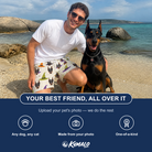 Friends in matching Men's Hexed Headwear Custom Dog Face Beach Shorts — a group gift photo
