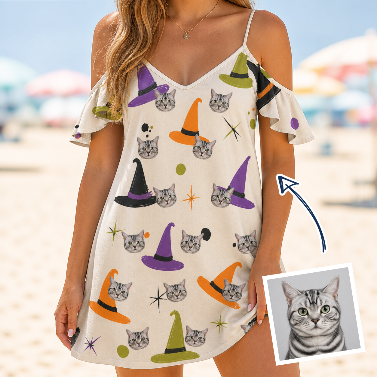 Woman wearing Women's Hexed Headwear Custom Cat Face Off-Shoulder Dress — custom faces printed all-over