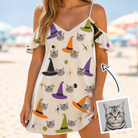Woman wearing Women's Hexed Headwear Custom Cat Face Off-Shoulder Dress — custom faces printed all-over