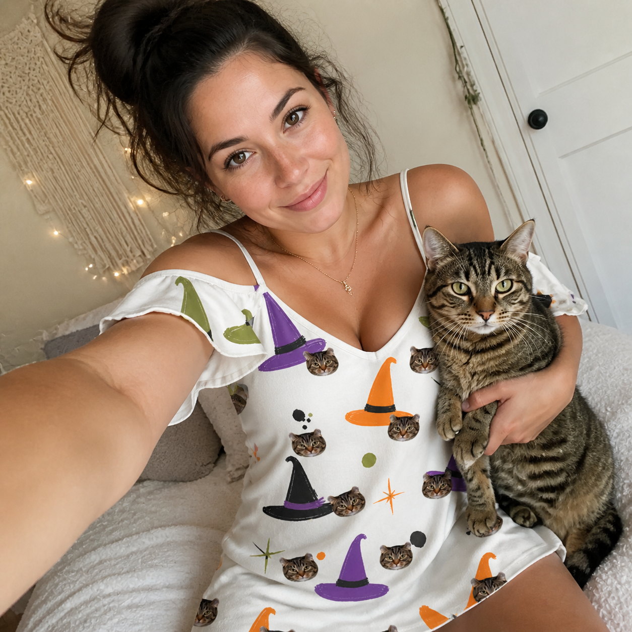 Selfie with the pet whose face is printed all over this Women's Hexed Headwear Custom Cat Face Off-Shoulder Dress
