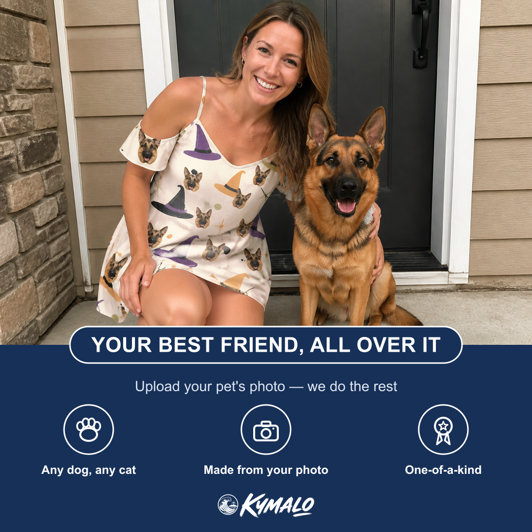 Friends in matching Women's Hexed Headwear Custom Dog Face Off-Shoulder Dress — a group gift photo