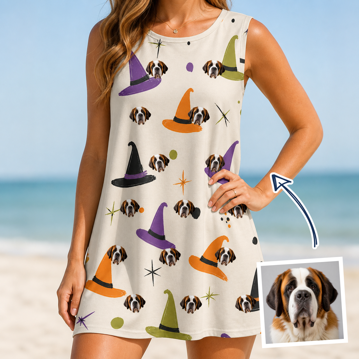Woman wearing Women's Hexed Headwear Custom Dog Face Tank Dress — custom faces printed all-over