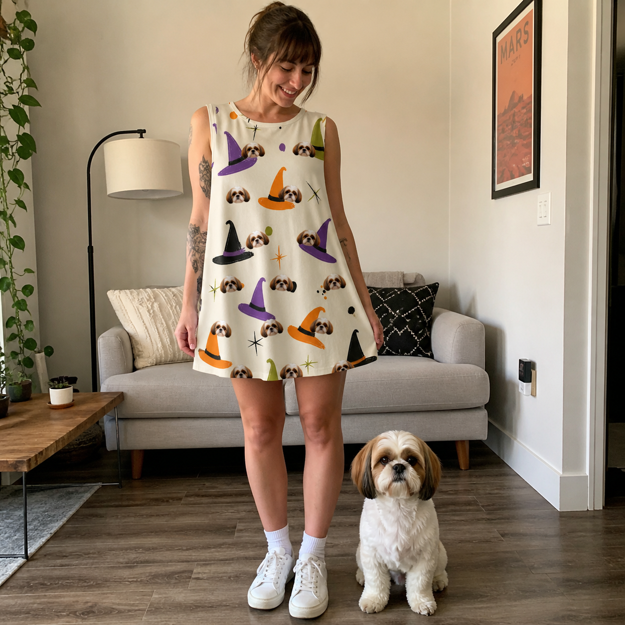 Full-length photo with the pet printed all over this Women's Hexed Headwear Custom Dog Face Tank Dress