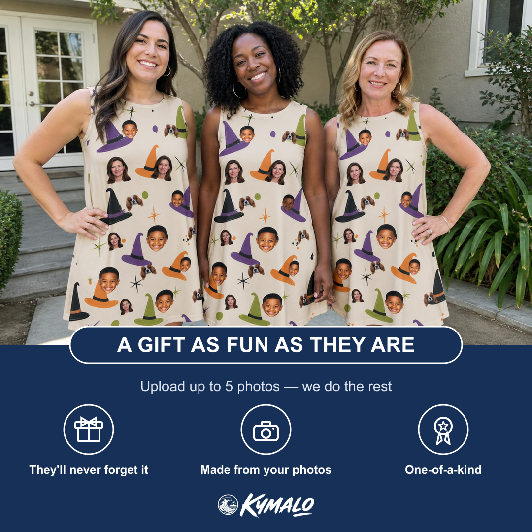 Friends in matching Women's Hexed Headwear Custom Face Tank Dress — a group gift photo