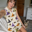 Selfie with the pet whose face is printed all over this Women's Hexed Headwear Custom Cat Face V-Neck Dress