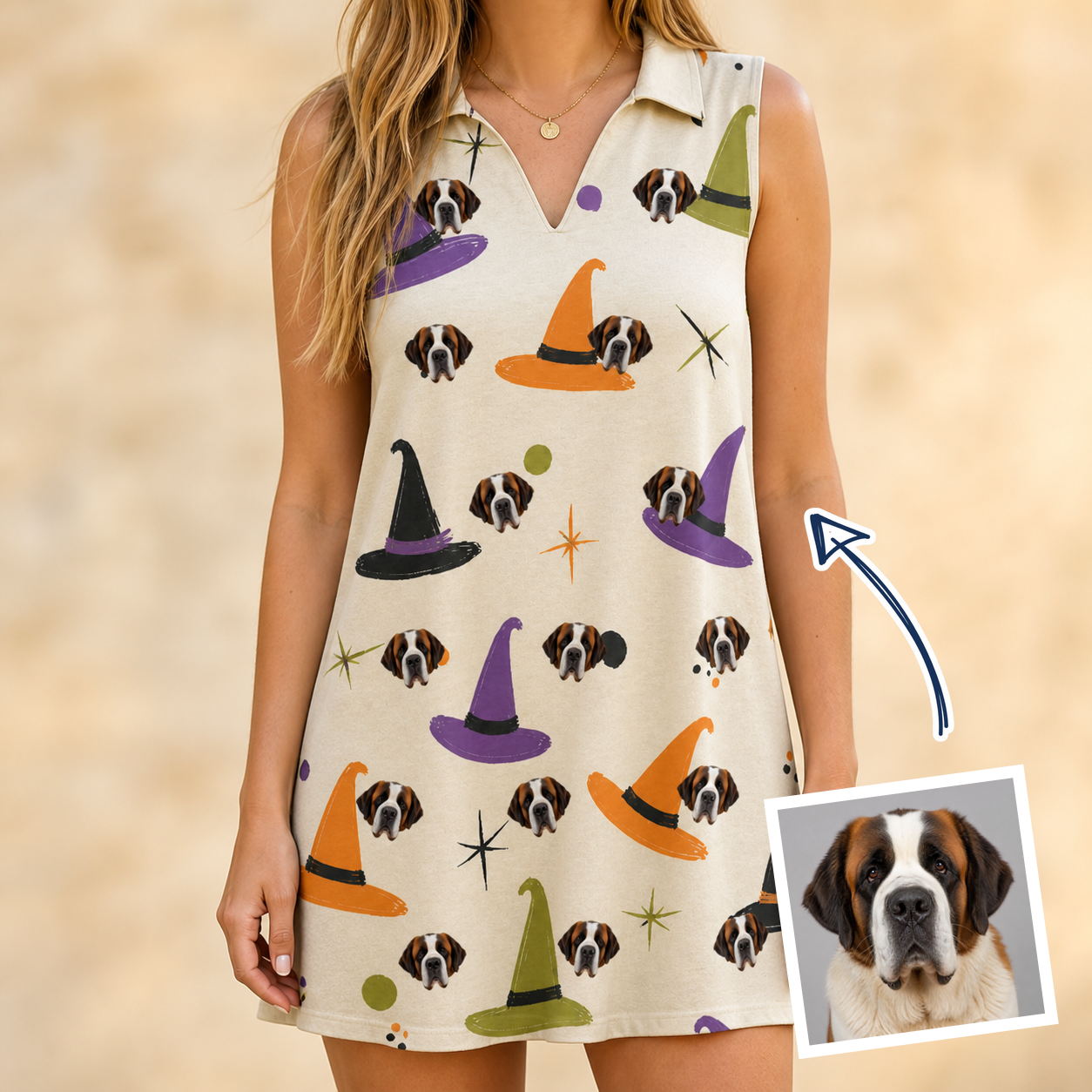 Woman wearing Women's Hexed Headwear Custom Dog Face V-Neck Dress — custom faces printed all-over