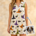 Woman wearing Women's Hexed Headwear Custom Dog Face V-Neck Dress — custom faces printed all-over