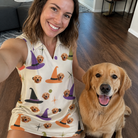 Selfie with the pet whose face is printed all over this Women's Hexed Headwear Custom Dog Face V-Neck Dress