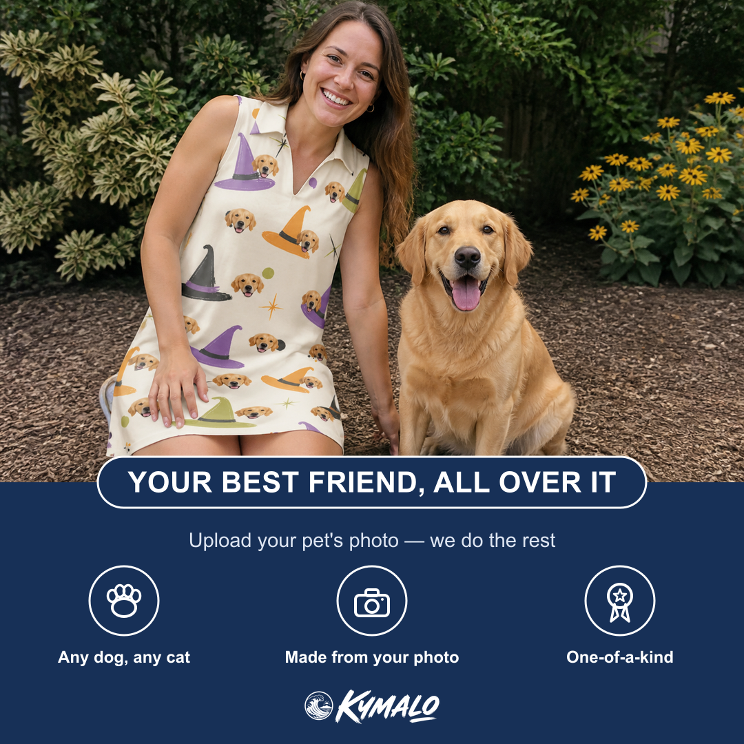 Friends in matching Women's Hexed Headwear Custom Dog Face V-Neck Dress — a group gift photo