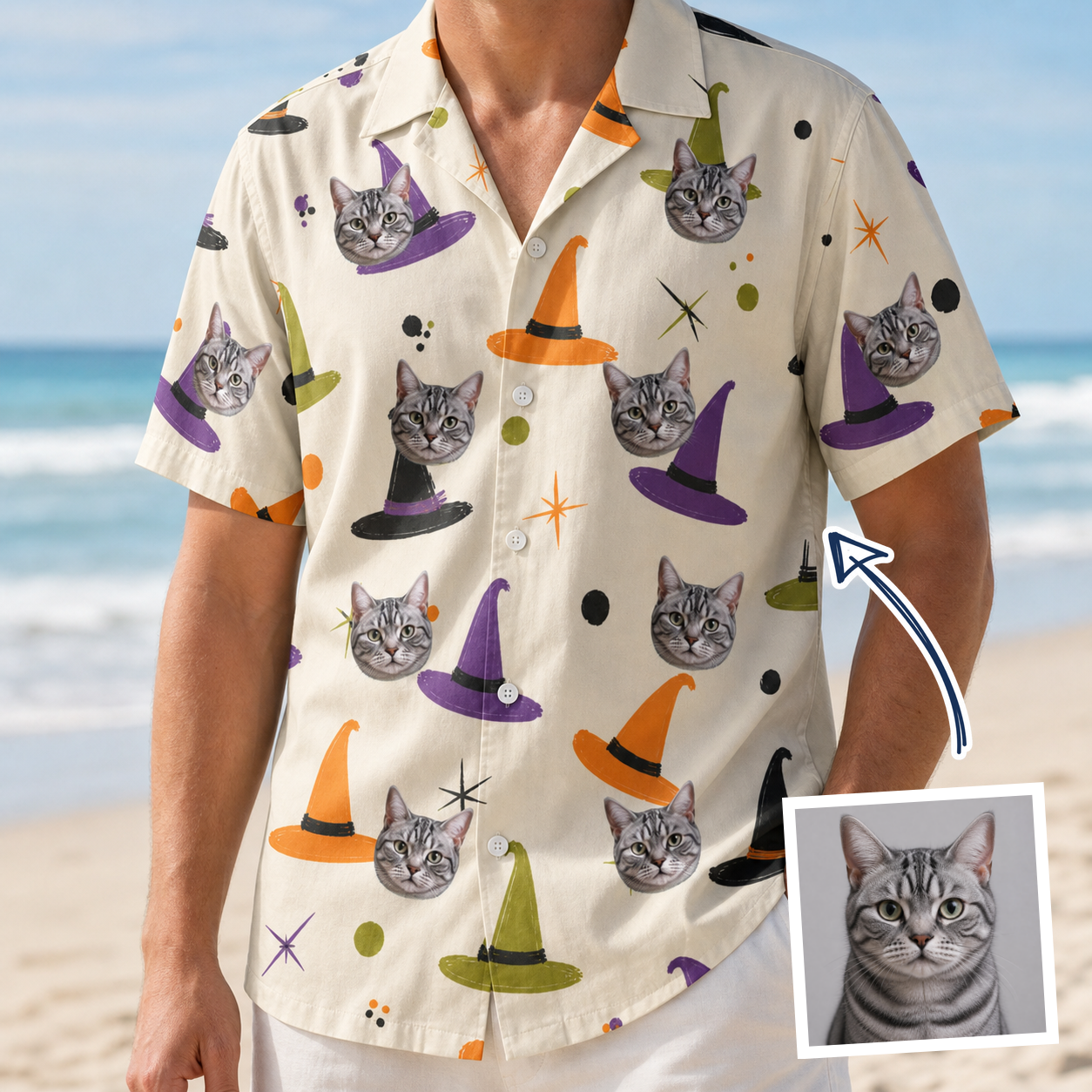 Man wearing Men's Hexed Headwear Custom Cat Face Hawaiian Shirt — custom faces printed all-over