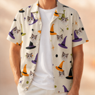 Man wearing Men's Hexed Headwear Custom Cat Face Hawaiian Shirt open over a white tee