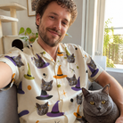 Selfie with the pet whose face is printed all over this Men's Hexed Headwear Custom Cat Face Hawaiian Shirt