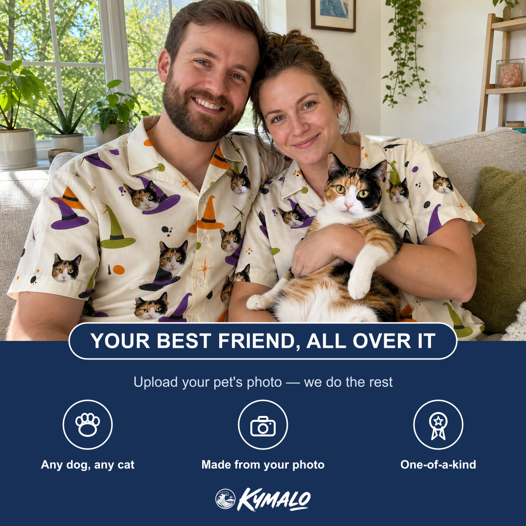 Friends in matching Men's Hexed Headwear Custom Cat Face Hawaiian Shirt — a group gift photo