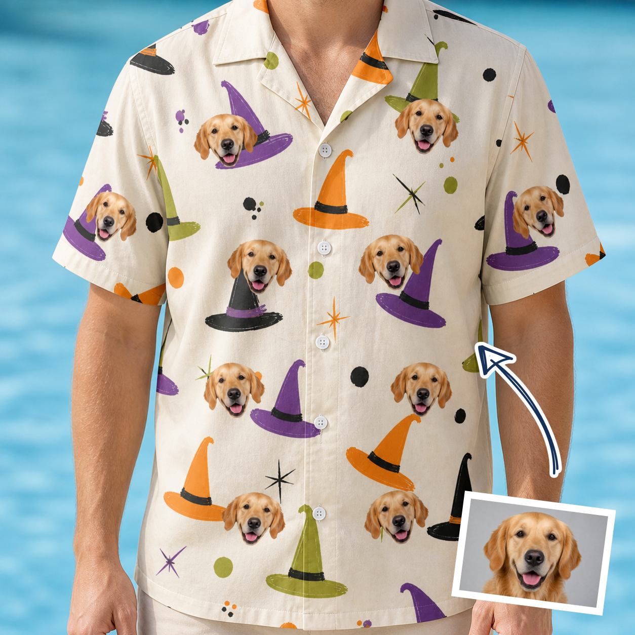 Man wearing Men's Hexed Headwear Custom Dog Face Hawaiian Shirt — custom faces printed all-over