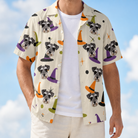 Man wearing Men's Hexed Headwear Custom Dog Face Hawaiian Shirt open over a white tee