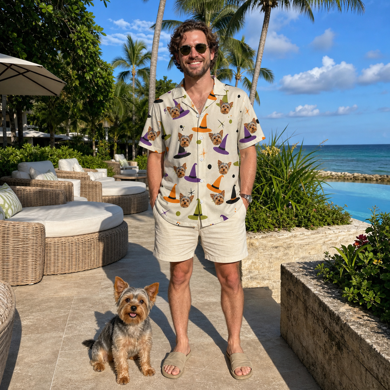 Full-length photo with the pet printed all over this Men's Hexed Headwear Custom Dog Face Hawaiian Shirt