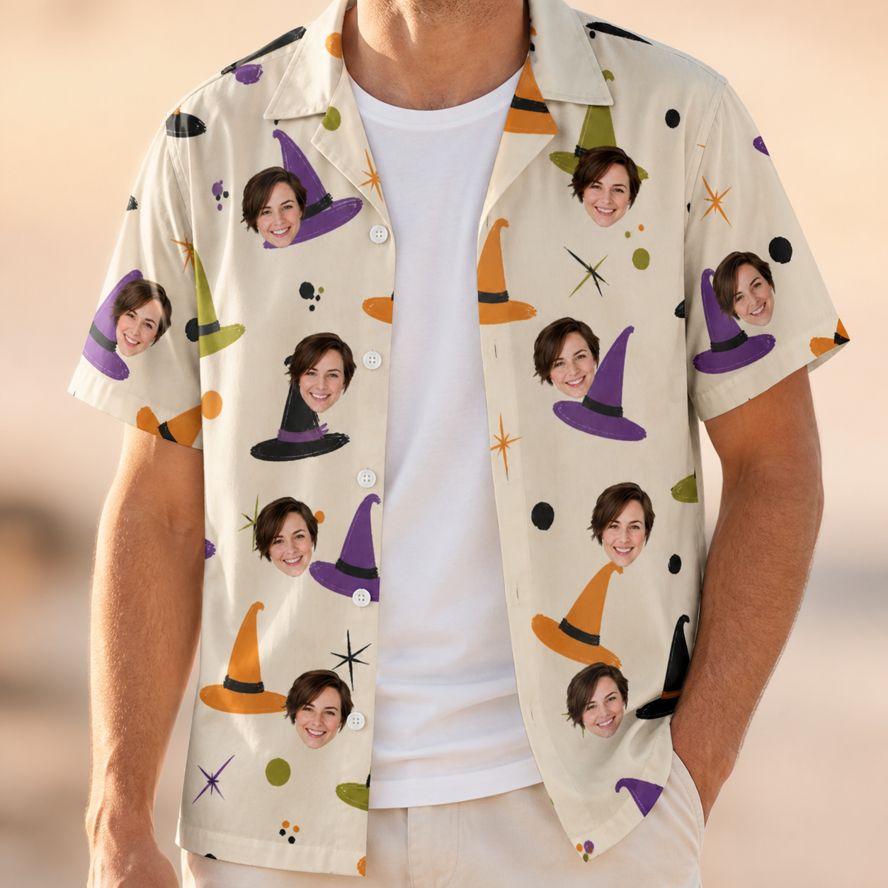 Man wearing Men's Hexed Headwear Custom Face Hawaiian Shirt open over a white tee