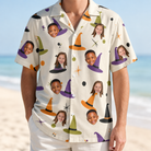 Model wearing Men's Hexed Headwear Custom Face Hawaiian Shirt printed with kids' faces