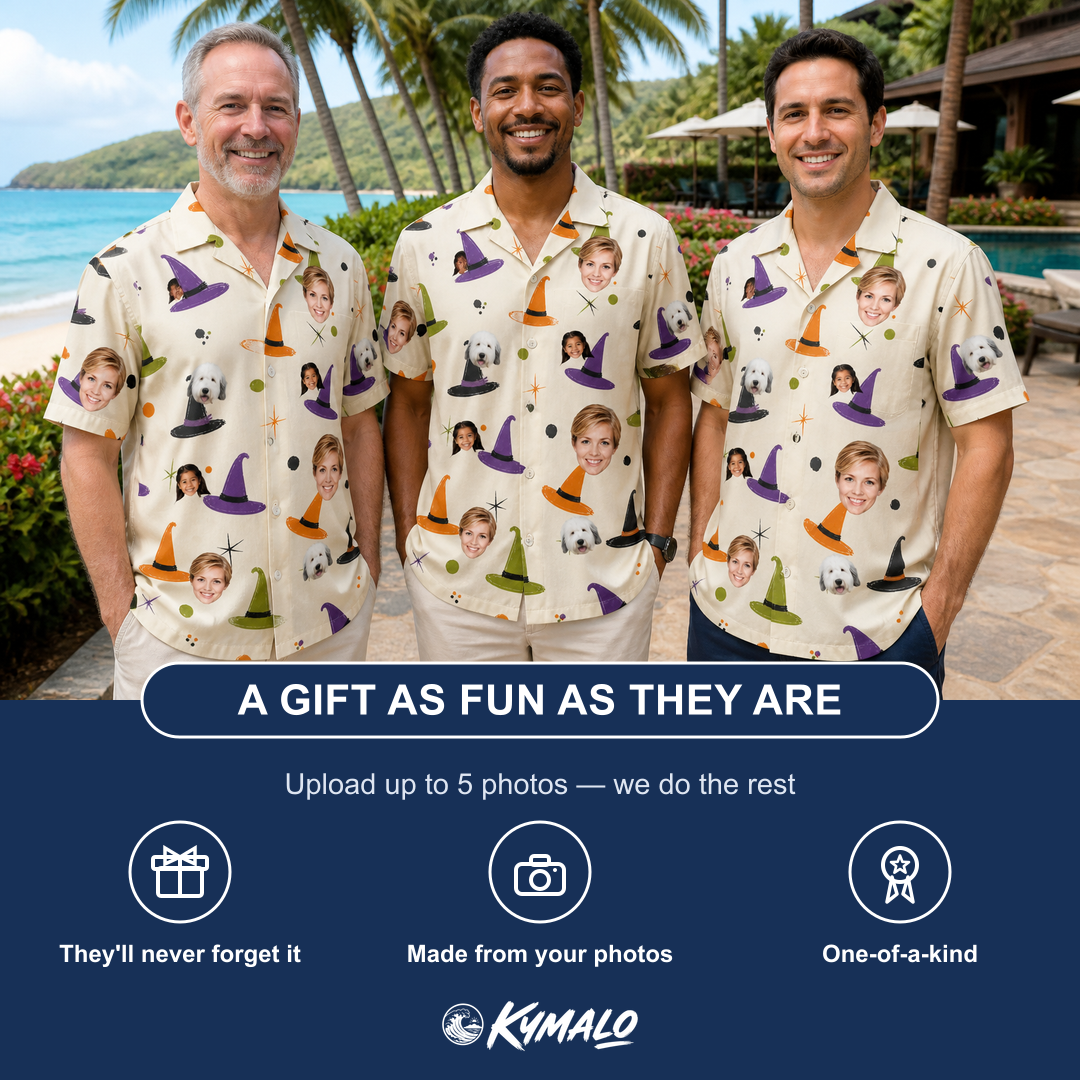 Friends in matching Men's Hexed Headwear Custom Face Hawaiian Shirt — a group gift photo
