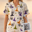 Woman wearing Women's Hexed Headwear Custom Cat Face Hawaiian Shirt — custom faces printed all-over