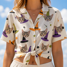 Woman wearing Women's Hexed Headwear Custom Cat Face Hawaiian Shirt tied at the waist