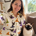 Selfie with the pet whose face is printed all over this Women's Hexed Headwear Custom Cat Face Hawaiian Shirt