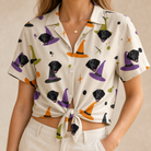 Woman wearing Women's Hexed Headwear Custom Dog Face Hawaiian Shirt tied at the waist