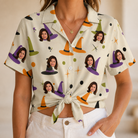 Woman wearing Women's Hexed Headwear Custom Face Hawaiian Shirt tied at the waist