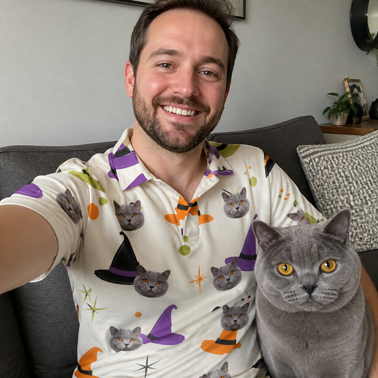 Selfie with the pet whose face is printed all over this Men's Hexed Headwear Custom Cat Face Polo Shirt