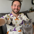 Selfie with the pet whose face is printed all over this Men's Hexed Headwear Custom Cat Face Polo Shirt